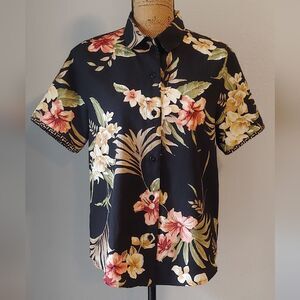 Alfred Dunner Floral Short Sleeve Button-Down Shirt Top Sz 10
